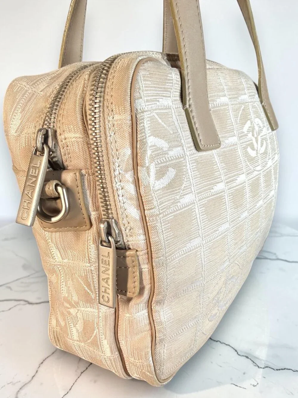 Chanel Vintage Beige Silver CC New Travel Line Bowler Crossbody Satchel with COA